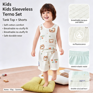 AILEBE Kids Pajamas Cotton Terno Sleeveless Sando Shorts Set Breathable No Fluorescent Safe For Baby Wear-Resistant No Pilling Double-Stitched Durable Elastic Waistband No Tummy Squeeze Summer Pambahay OOTD For Baby Boys 0-4 Years