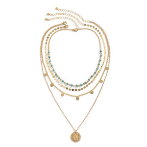 AE European and American Ornament Retro ethnic style Turquoise beaded collarbone necklace for women with floral pendant and elegant tassels