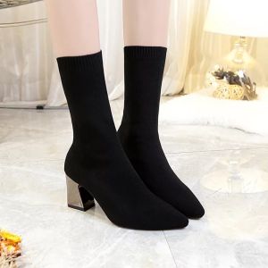 Knit Sock Ankle Boots dengan Heels Boots Kaos kaki rajut