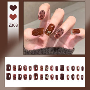 เล็บปลอม พร้อมส่ง DD308แฟลชเจาะ แมวตา สีน้ำตาล เล็บยาว กันน้ำ สีสวย 24 ชิ้น