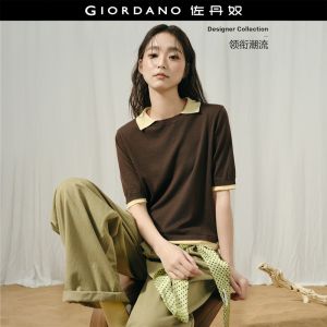 GIORDANO Women Sweaters Wool-Blend Fake Two-Piece Contrast Knitwear Short Sleeve Fashionable Casual Knitwear 18356314