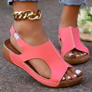 [Free Shipping] Summer New Style WomenS Slip-On Sandals With Stitched Detailing Hollow Design Wedge Heel Plus Size Open-Toe Casual Sandals For Women