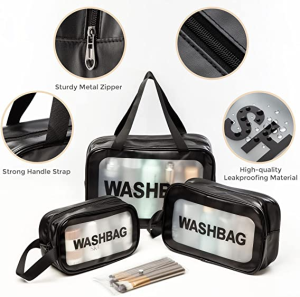 Wash Bag SML (black) (1harga dapat 3bag )Waterproof Cosmetic Bag Makeup bag Transparent Storage Bath Bag Hand Printed Portable Wash Bag bag jalan jalan
