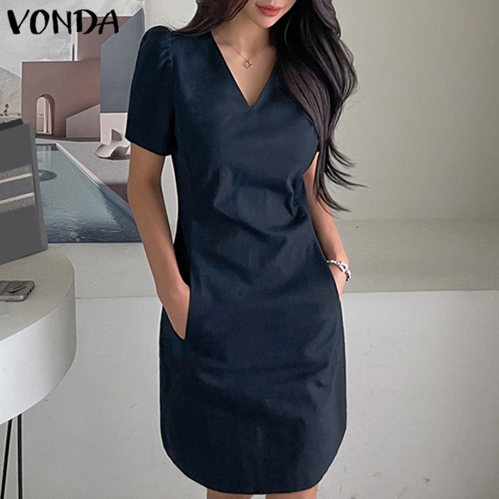 VONDA Summer Women Puff Short Sleeve Mini Dress V Neck Party Elegant Casual  A Line Dresses Plus Size (Korean Causal) | Lazada Singapore
