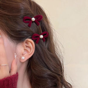 Korean Style Wine Red Small Bow Elegant Side Clip Elegant Christmas Hairclips for Women Girls Fashion Hair Accessory