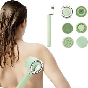 Electric Body Bath Brush for Shower Rechargeable Body Brush with Detachable Long Handle and 5 Heads 3 Speeds Bath Brush for Skin Care Basic Cleaning and Massage (Sliver)