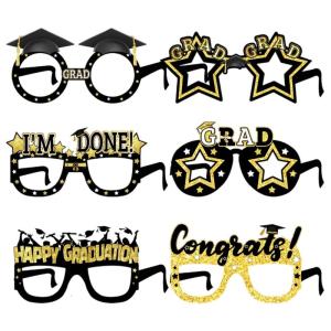 6 Pieces Graduation Eyeglasses In Black And Gold With Glittering Finish Ideal For 2025 Graduation Celebration