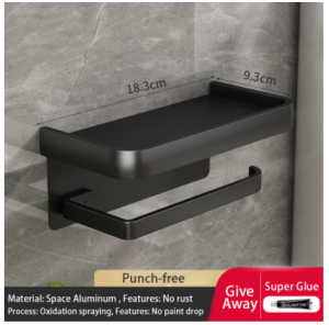 Sincecu No-Drill Toilet Paper Holder – Aluminum Bathroom Organizer with Phone Tray & Shelf | Wall-Mounted Space-Saving