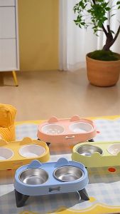 SKISOPGO Pet Feeding Bowl Double Stainless Steel Elevated Cat Bowl Non Slip Mangkuk Kucing Portable Raised