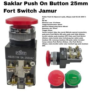 Saklar Push On Button 25mm Fort Switch Tombol Reset Emergency Panel Jamur Spring Return Momentary