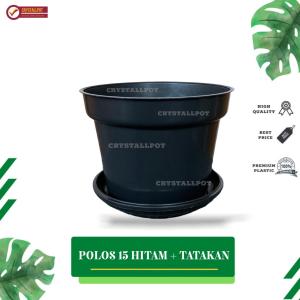 POT BUNGA TANAMAN PLASTIK HITAM 15 POLOS + TATAKAN BAWAH