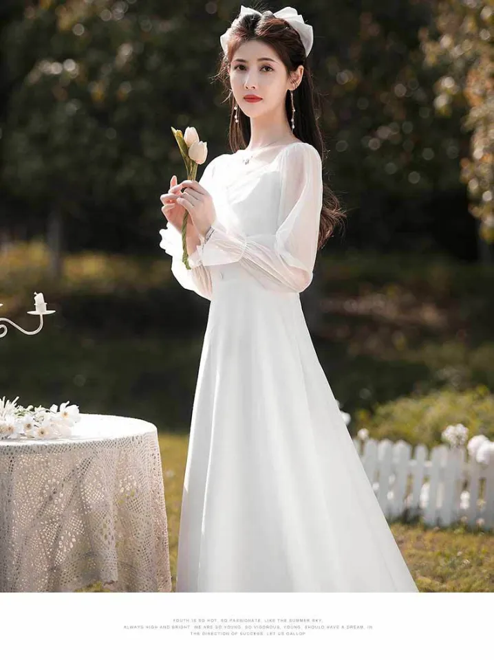 Glary Star French Satin Light Wedding Dresses Collar Small White Dresses Dresses Engagement Usual Can Wear Long Registration White Dress Lazada PH