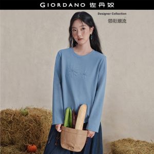 Giordano Women Floral applique crewneck long sleeve tee Free Shipping 18326716