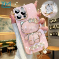 YiaMia Cute KT Cat Makeup Mirror Holder Case For iPhone 15 Pro Max 14 Pro Max 13 Pro Max 12 Pro Max 11 Pro Max 15 14 Plus 13 12 Mini XS Max XR XS X 8 7 6S Plus SE 2020 Luxury 6D Electroplated Soft TPU Back Shell Precision Camera Hole Protection Case. 