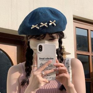 HEALMEYOU Japanese Style Bow Knitted Berets Cute Thin Octagonal Hat Fashion Spicy Girl Painter Hat Ladies