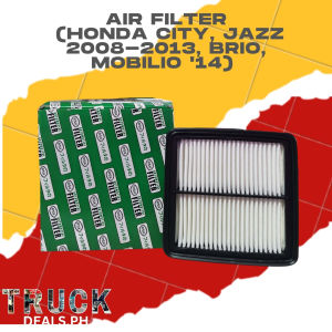 Honda City Jazz Air Filter 2008-2013 Brio Mobilio 14. Green box with white text. White pleated filter in black frame.