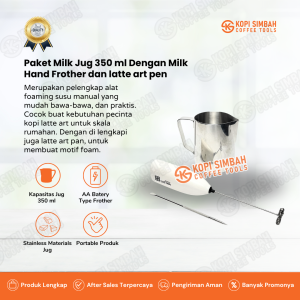Paket Milk Jug 350 ML Dengan Milk Hand Frother dan Latte Art Pen Alat Seduh Pembuat Latte Art Kopi Manual