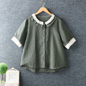 Fomi 💘เสื้อแฟชั่นคอปกแต่งลายลูกไม้ 🌷ตรงคอเสื้อกับแขนเสื้อ สลับสีลายตาราง🏁 ดูดีมีมิติสุด ผ้าไม่หนาใส่สบายไม่ร้อน💛💝