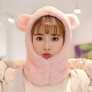 DRESSPLUS Cute Bear Ear Hat Scarf Windproof Cartoon Plush Hat Scarf Sweet Korean Style Winter Warm Hedging Cap Women