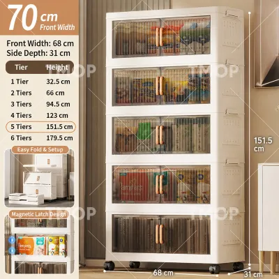 TMOP 50-80CM Foldable Plastic Storage Cabinet with Wheels Magnetic Suction Mobile Wardrobe Organisers for Clothes Kitchen Grocery Organizer