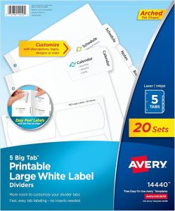 Avery Big Tab Printable Large White Label Dividers with Easy Peel 5 Tabs 4 Sets (14438)