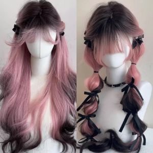 GFBB Hairpieces Black Pink Ombre Synthetic Wigs Long Wavy Clip in Layered Wigs With Bangs Fashion Natural Gradient Cosplay Wigs Women