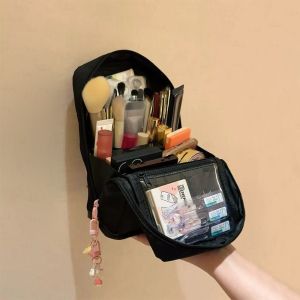 BAIXL Partitioned Nylon Vertical Makeup Bag Pencil Case Pink Bowknot Bow Cosmetic Bag Toiletry Organizer Large Capacity Skincare Storage Bag Travel