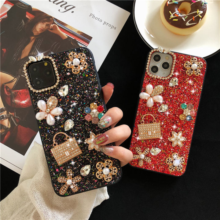 Luxury Glitter 3D Rhinestone Diamond Flower Pearl Phone Case for IPhone 16  15 13 14 Pro Max 12 11 XR XS Max X Plus 6s Plus SE 2022 Bling Powder 
