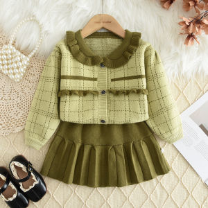 Bear Leader Kids Clothes Girls Sweater Suit Casual Collar Knitted Cardigan Jacket + Pleated Skirt Outfits Winter Warm Knitting Suits Childrens Plaid Print Costume