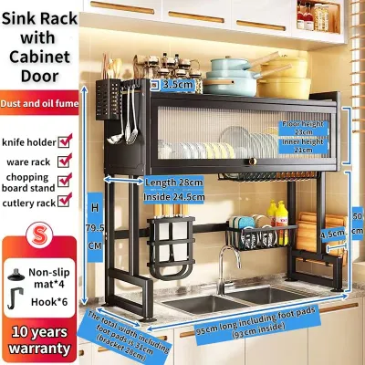 OUTDOORMORE Kitchen Carbon Steel Double Layer Cabinet Rack Multifunctional Sink Rack With Cabinet Door
