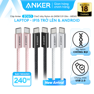 Cáp sạc nhanh ANKER Zolo USB-C to USB-C công suất cao 240W - Chất liệu nylon dù hạn chế bám bẩn đứt gãy - A8060