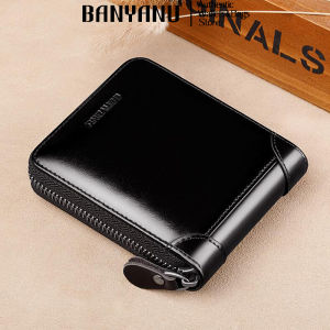 BANYANU Dompet Lelaki Kulit Original Men Wallet Cow Genuine Leather Small Zipper Purse Anti RFID Card Holder Wallets for Men Gifts Black Brown Color