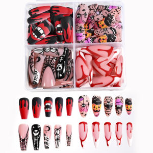 96Pcs Halloween Press on Nails Almond & Coffin Blood Red Nails with Skeleton Fake Nails Design Full Cover Artificial False Nails h260819
