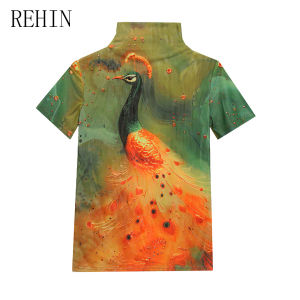 REHIN Autumn/Winter High Neck Mesh Short Sleeve T-shirt with Floral Print Elegant Womens Top