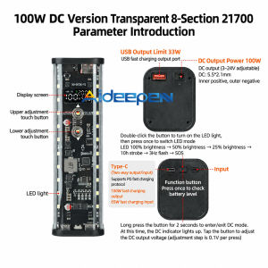 Aideepen PD 100W Super Fast Charging Transparent Power Bank Case Solder-Free 8-Cell 21700 Battery Holder Touch-Controlled DC Voltage Regulation