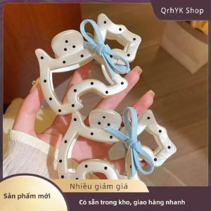 Hàng có sẵn✨ Trắng Polka Dot Dog Bow cá mập Clip thanh lịch lớn tóc vuốt đơn giản phong cách Hàn Quốc thời trang tóc phụ kiện