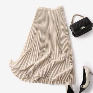 High Quality Pleated Skirt for Womens Summer Fashion High Waist Elastic A-Line Midi Skirt