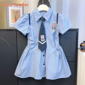 Bear Leader Kids Girls Shirt Dresses Cute Cartoon Rabbit Embroidered Stripe Dress 2-9 Years Teens Preppy Style Short Sleeved Childrens Clothing Wearing Tie