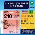 Thẻ vào mạng 4G Sim Du Lịch Mỹ USA Brazil 12GB 30 Ngày Hãng Three UK. 