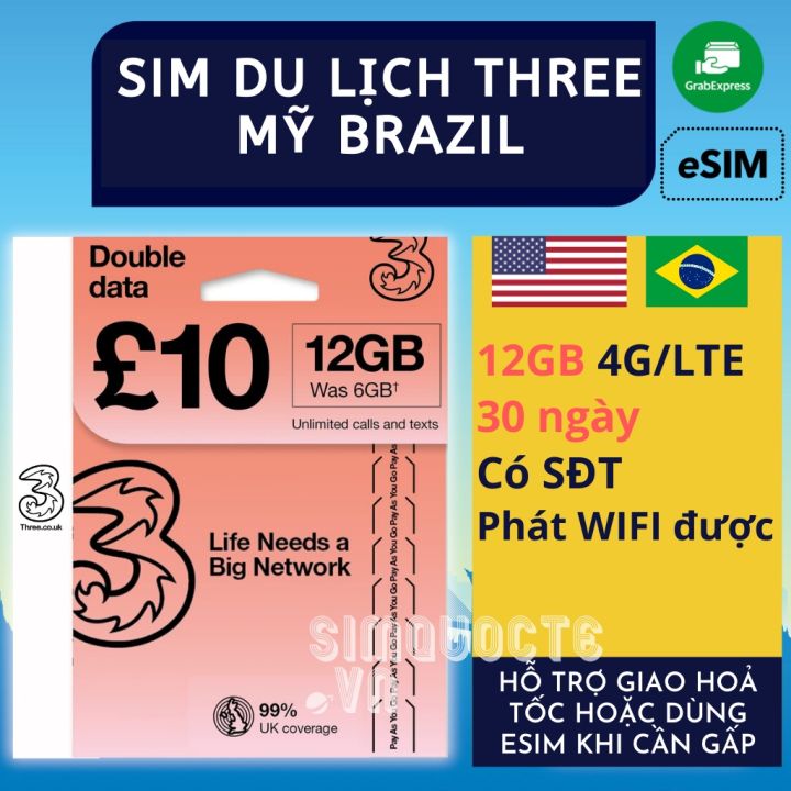 Thẻ vào mạng 4G Sim Du Lịch Mỹ USA Brazil 12GB 30 Ngày Hãng Three UK