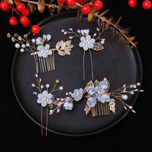 【X.Z.MOONLIGH】Gold Foil Hairdo Handmade Bridal Crown Headdress Flower Comb Hair Ornaments 4-Piece Set