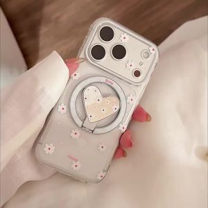 Korean Flowers Fold Love Heart Mirror Magnetic Bracket Phone Case For IPhone 17 16 15 14 13 Pro Max Clear Shockproof Soft Cover