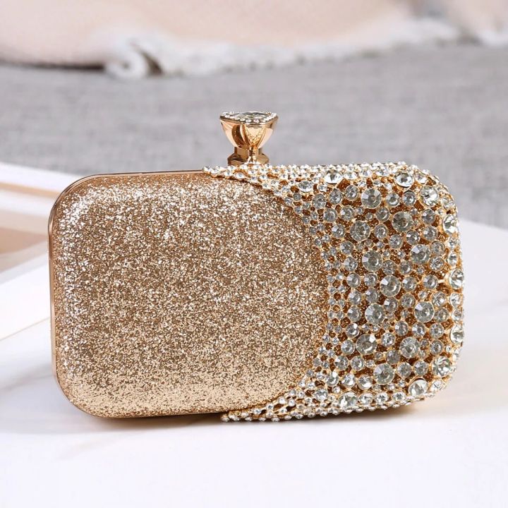 Women Diamond Evening Bag Glitter Hollow Out Gold Rhinestone Handbag Ladies  Chain Crystal Wedding Party Mini Purse Day Clutch