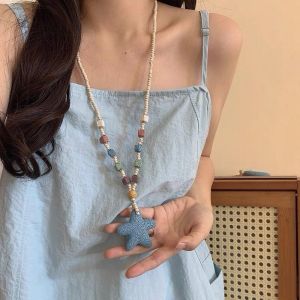 XUANY Colorful Beaded Pendant Necklace Adjustable Long Chain Volcanic Rock Necklace Heart Pendant Geometric Shape Starfish Clavicle Chain Summer Wear