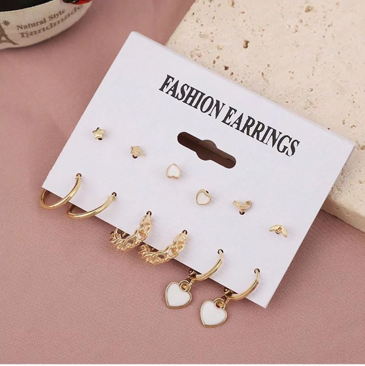 6pairs Korean Style Fashion Retro Love Heart Hollow Stars Earrings