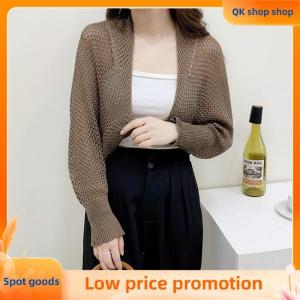✨QK shop✨ Summer Women Solid Color Hollow Out Long Sleeve Sunscreen Loose Knitted Cardigan