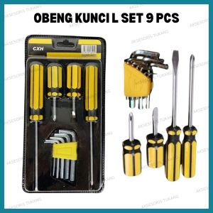 Set Obeng Kunci L Tools 9 Pcs Hexagonal Screwdriver With Hex Key Paket Obeng Plus Minus 9 in 1