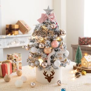 2025 Mini Christmas Tree with Light 45CM DIY Christmas Decorations Small Xmas Tree Flocking Star Top