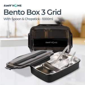 Set Kotak Makan Sendok Sumpit Bahan Stainless Steel Berkualitas Anti Tumpah Kotak Tempat Bekal Nasi Lunch Box 3 Grid 1L Taffhome - OU1000