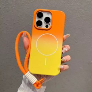 Two-color Soft Silicone Magsafe Magnetic Phone Case For iPhone 16 15 14 Plus 13 12 11 Pro Max With Lanyard Protective Casing For iPhone 16 Pro Max Shockproof Back Cover Cases (Same lanyard)